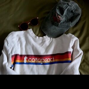 cotopaxi White Crewneck Sweatshirt with Red Orange Yellow Blue Stripe Logo